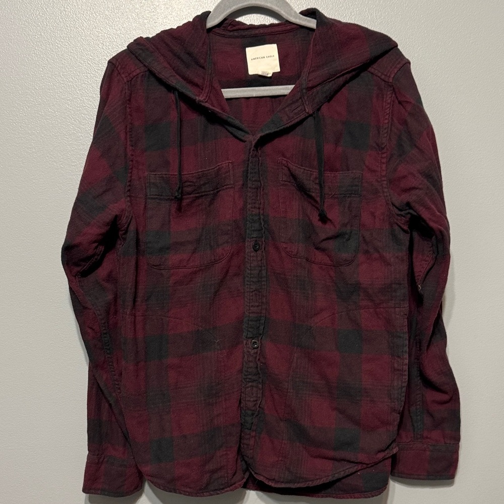 American Eagle Outfitters Red and Black Plaid Hooded Jacket